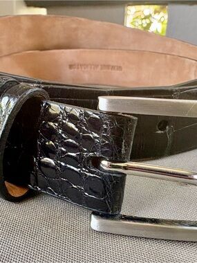 Black Genuine Alligator Belt with Polished Silver Buckle